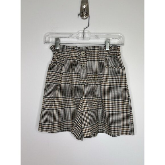 ZARA Shorts Plaid Juniors 13-14 Tan Green Pull On Pockets Pleats - Picture 1 of 5